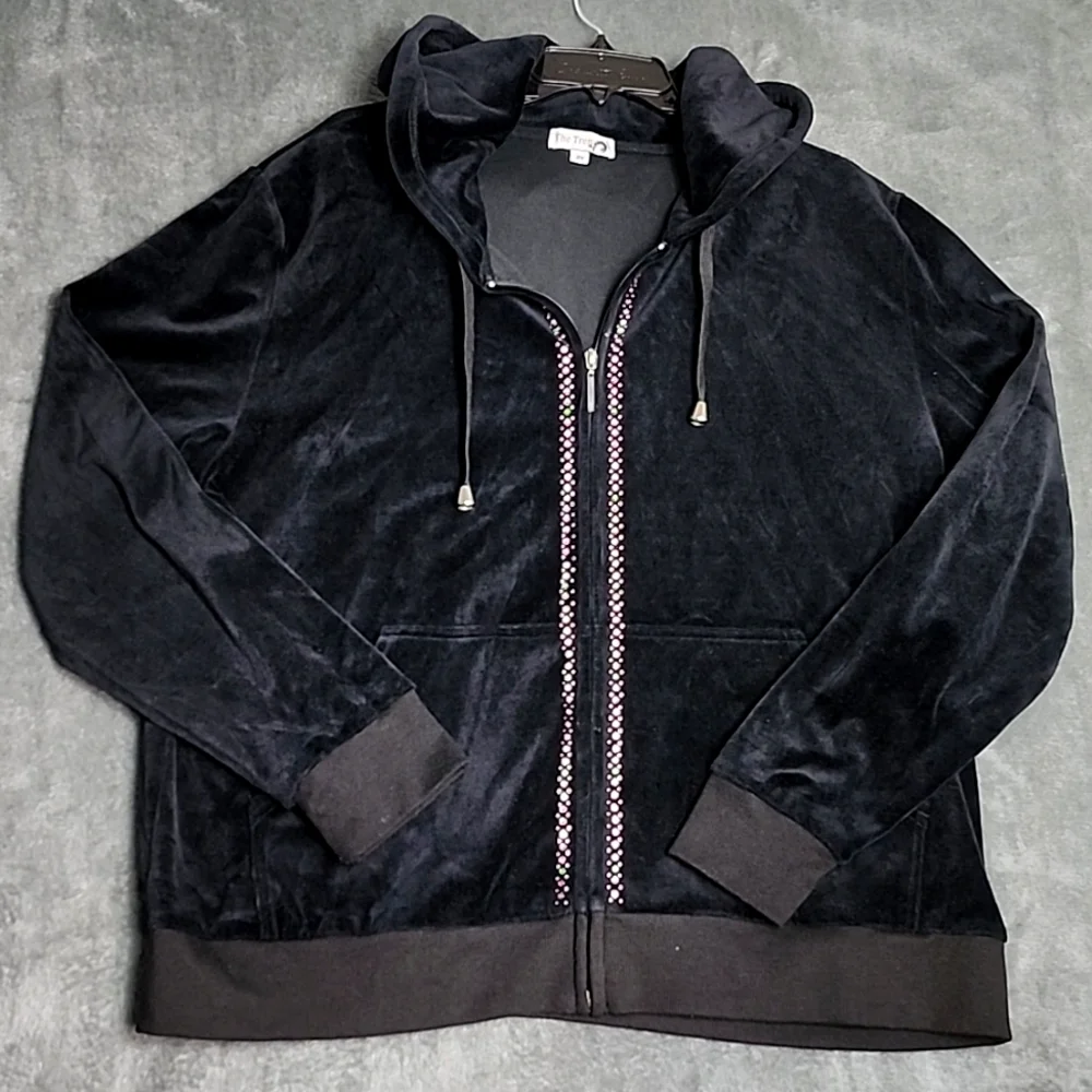 Black Velvet zip-up hoodie with Rhinestones. Size 2X Women's - Picture 1 of 9